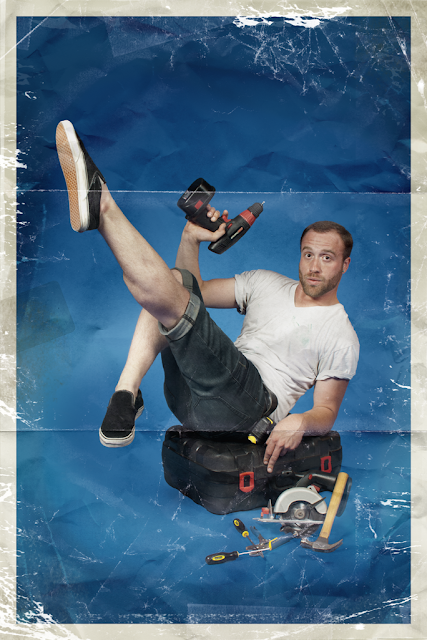 pinup poster of man posing with drill and pointed toe