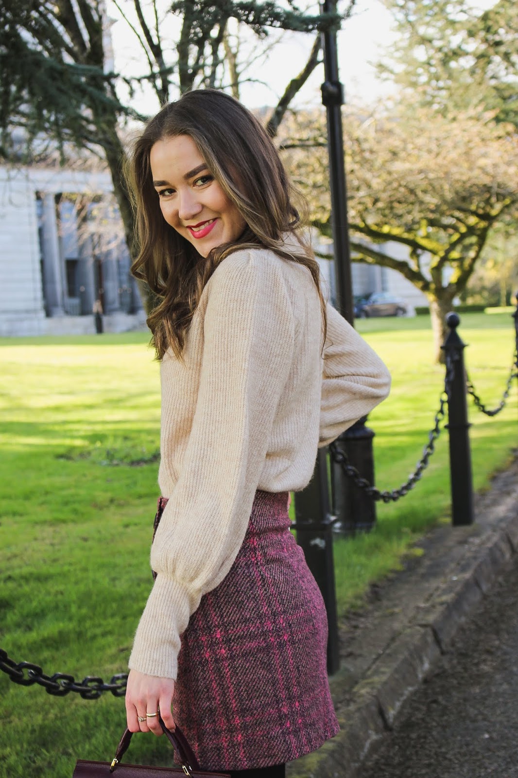 Spring Girly Outfit :: Check Tweed Miniskirt and Cozy Beige Sweater ...