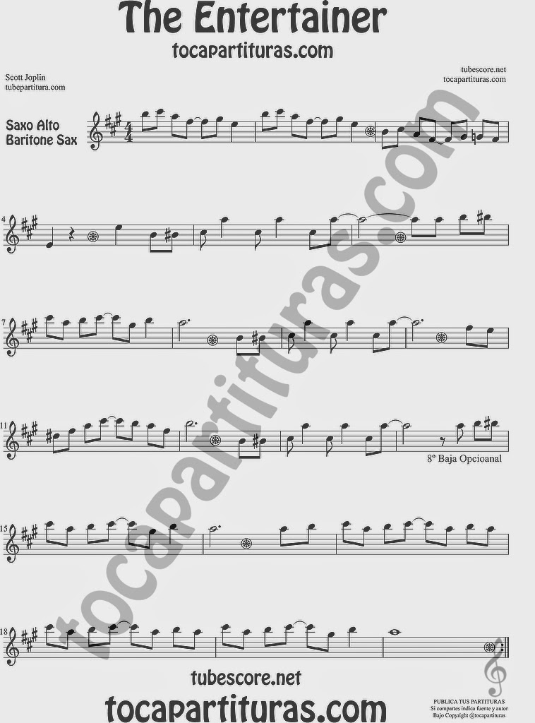 The Entertainer Partitura de Saxofón Alto y Sax Barítono Sheet Music for Alto and Baritone Saxophone Music Scores