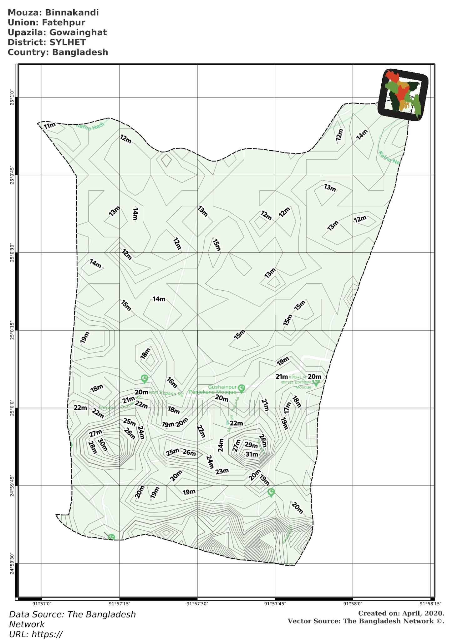 Map of Binnakandi Mouza of Gowainghat Upazila, SYLHET, Bangladesh.