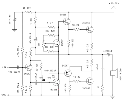 Amplifier Circuit with 2N3055 60 Watt 2N3055 Power Amplifier