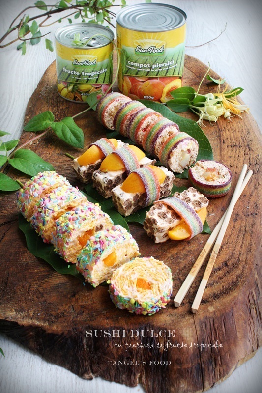 Sushi dulce din cereale cu piersici si fructe tropicale
