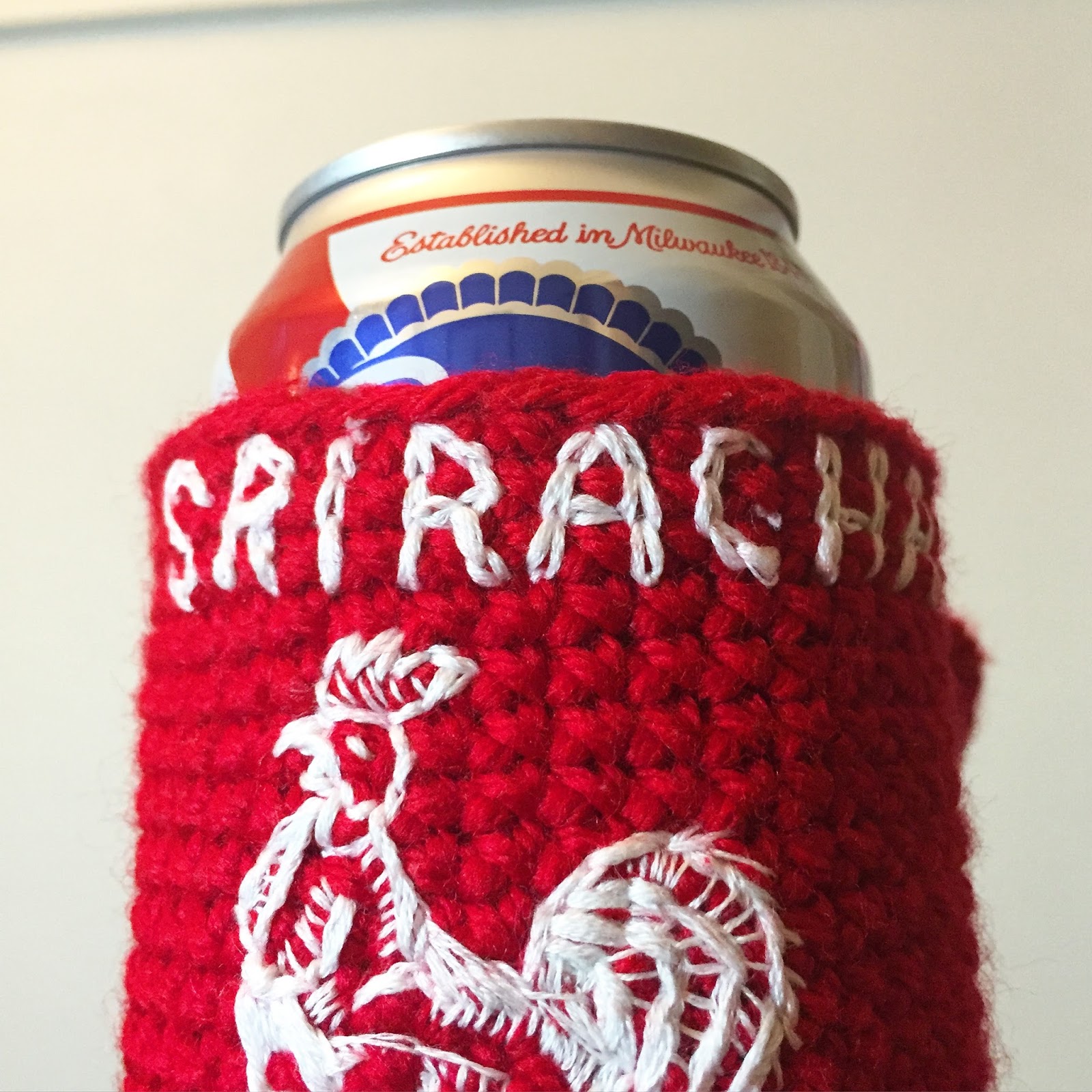 i ♥ amicute Crocheted and Embroidered Sriracha Beer Koozie