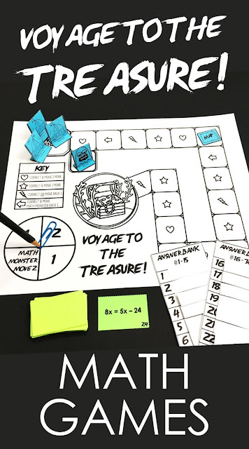 Voyage to the Treasure! Collaborative Math Games! Voyage to the Treasure! is a new collaborative math game series for middle school and high school math students. Students work together to beat the game's board and beat the Math Monster to the treasure! This fun math game comes with cards (30), a game board, an answer bank for students to self-check their answers, game pieces, optional student worksheets, a peer scoring rubric. #mathgames