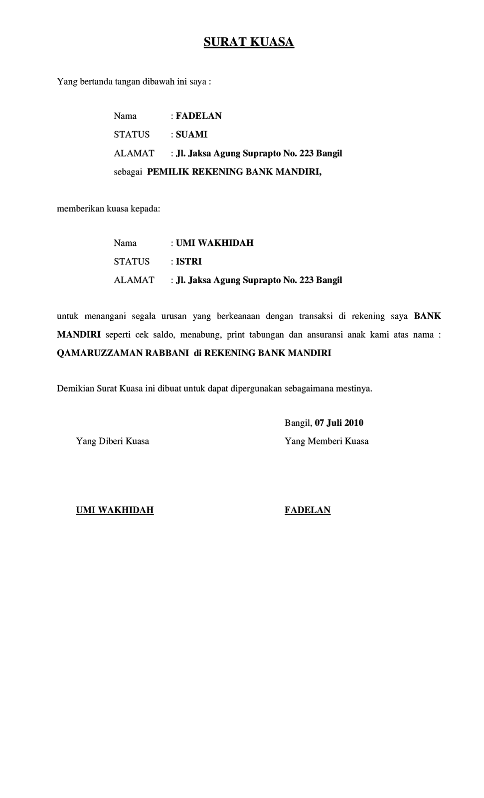 Pola Surat Kuasa Pengambilan Uang Di Bank 2018 Informasi