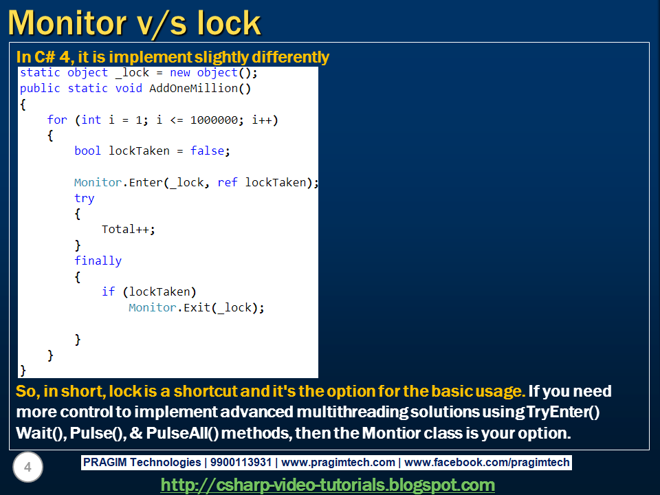 Sql server, and c video tutorial Part 94 Difference between Monitor and lock in C