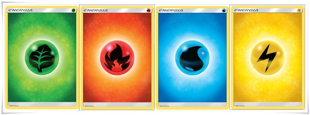 Pokémon TCG - Exemplos de cartas: Energia Básica (Grama/Fogo/Água/Elétrico)