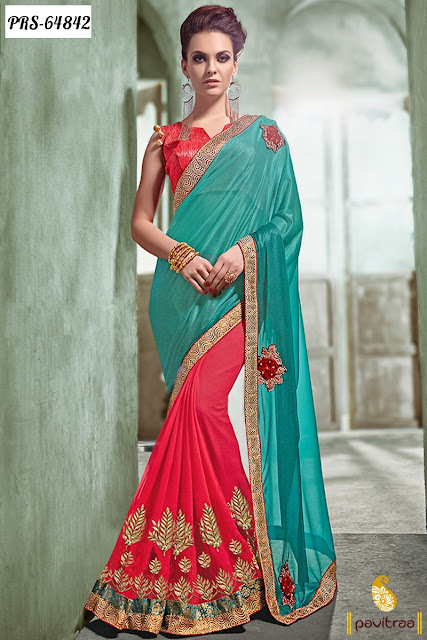 Buy New Fashion Turquoise Color Stylish Party Wear Sarees for Summer Season Online Shopping Collection with Discount Sale Price Offer Deal