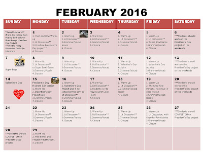 February 2016 ELA Activities Calendar 