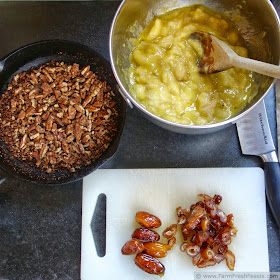 image of a skillet of toasted pecans, a bowl of mashed bananas, and a cutting board of chopped dates