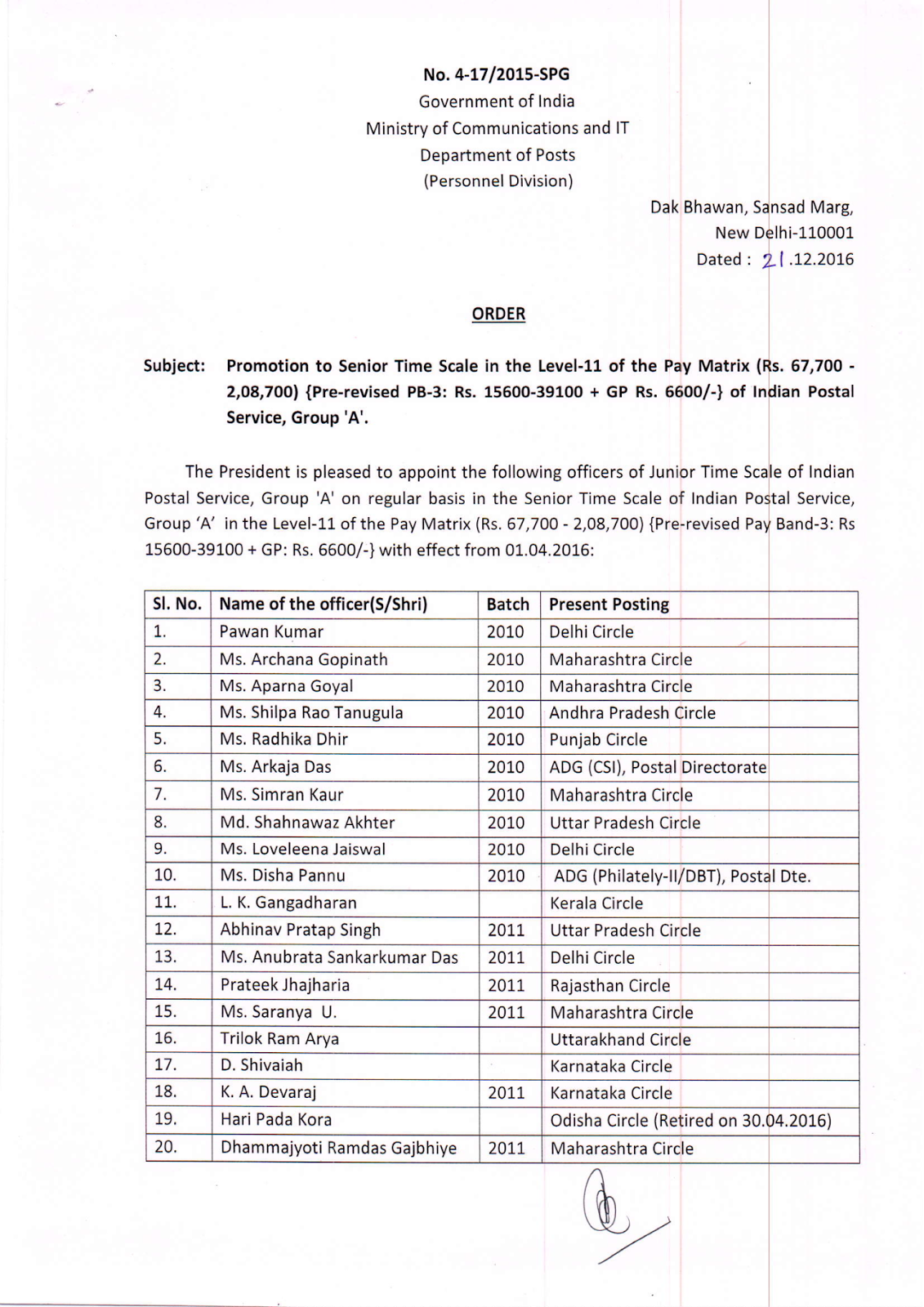 Promotion to Senior Time Scale in the Level-11 of the Pay Matrix (Rs ...