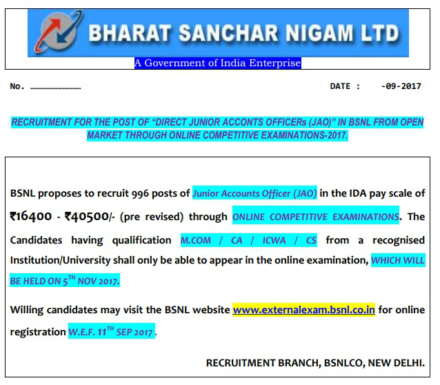 BSNL Bhart Sanchar Nigam Limited 2017-18 | Apply 996 Junior Accounts Officer Posts