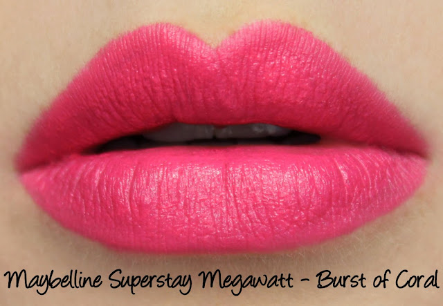 Maybelline Superstay Megawatt Lipstick - Burst of Coral Swatches & Review