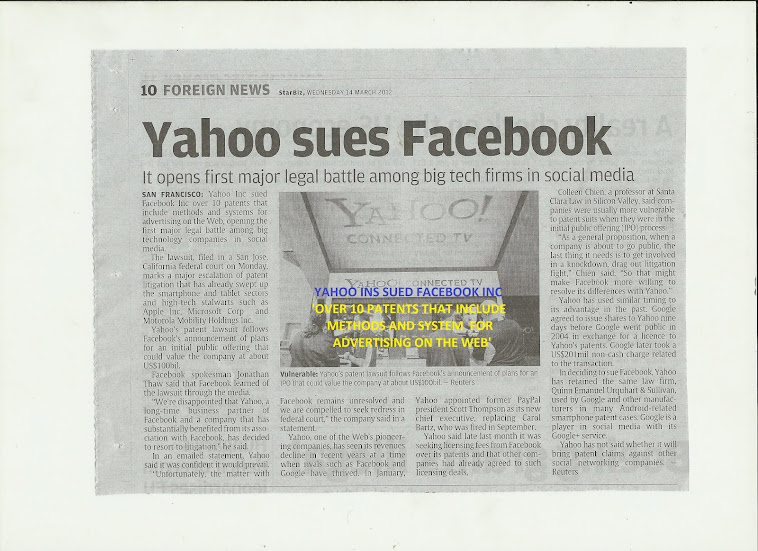 Yahoo sues Facebook,over 10 patents-methods & system for advertising on the web.Nu-Prep100 USpatent