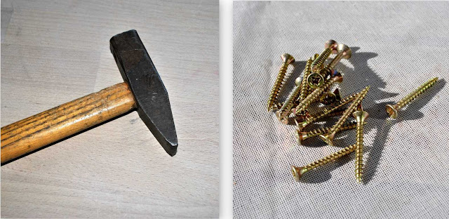 Material für Jeanstäschchen Hammer, Nägel, Schraubenzieher, Schrauben