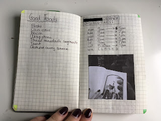 A double page spread showing a list of foods, library opening times and a black and white photo of a book.