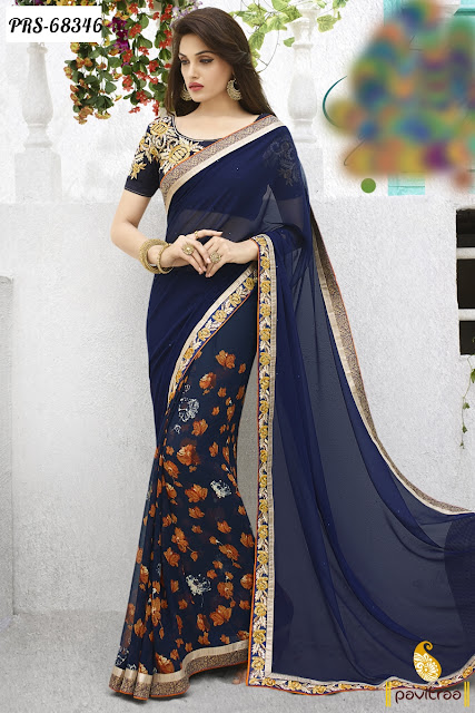 Buy Latest Cobalt Blue Color Summer Special Sale Saree with Print Work Online Shopping with Discount Offer Deal Prices