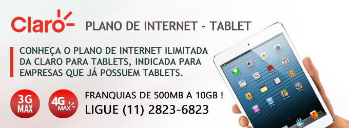 Plano de internet oferta tablet da Claro: franquias que começam dos 500MB até os 10GB nas velocidades 3G ou 4G da Claro. Informações (11) 2823-6823