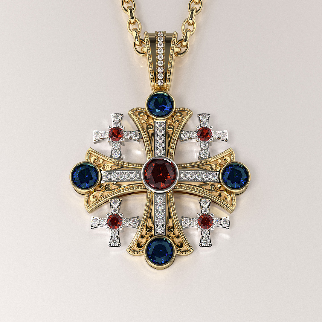 Gold.Art. 3D collection Jerusalem Cross Pendant with gemstones