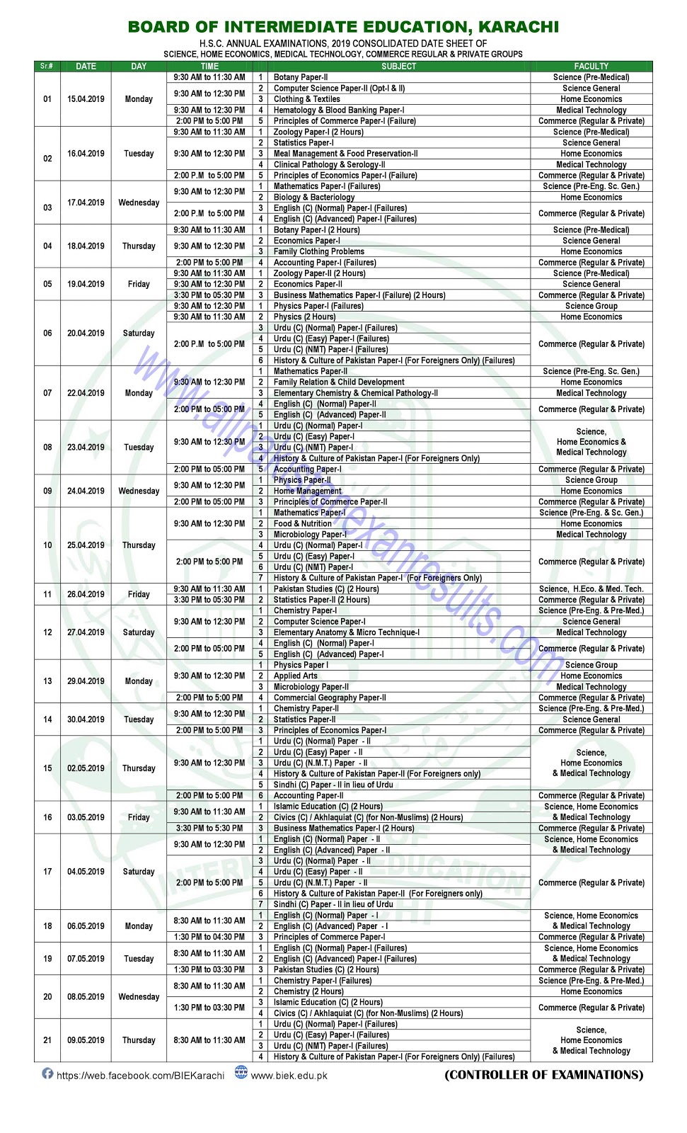 BISE Karachi Inter Date Sheet 2019