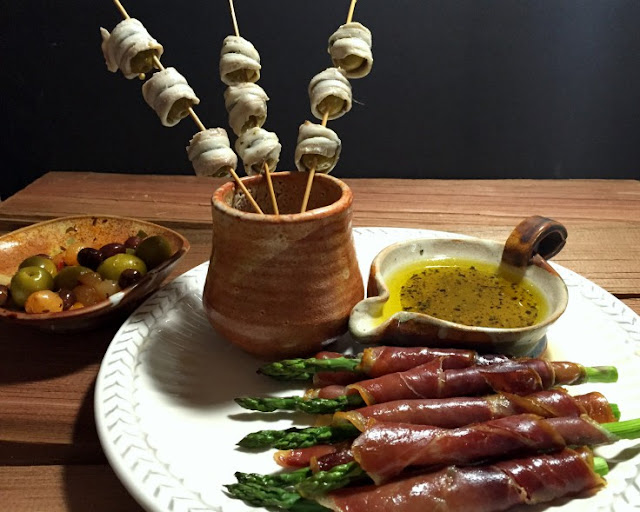 Tapas - Jamon Wrapped Asparagus and White Anchovy Wrapped Spanish Olives