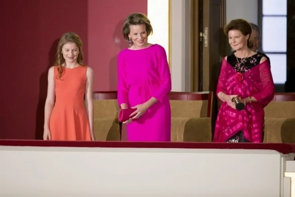 Queen Mathilde and Crown Princess Elisabeth of Belgium attends the finals of the 2016 Queen Elisabeth Piano Competition at Palace of Fine Arts. Czech pianist Lukáš Vondrácek. Style of Queen Mathilde, dress, style