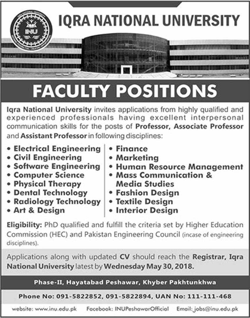 Jobs In Iqra National University Peshawar May 2018