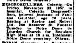 Celestin Desgroseilliers obituary 1957