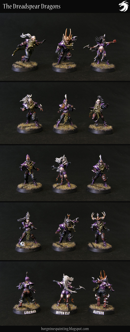 Photo compilation showing singular models of the Dark Elf team for Blood Bowl, Witch Elves, Linemen, Blitzers and Runners.