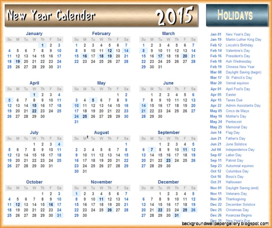 2015 New Year Calender