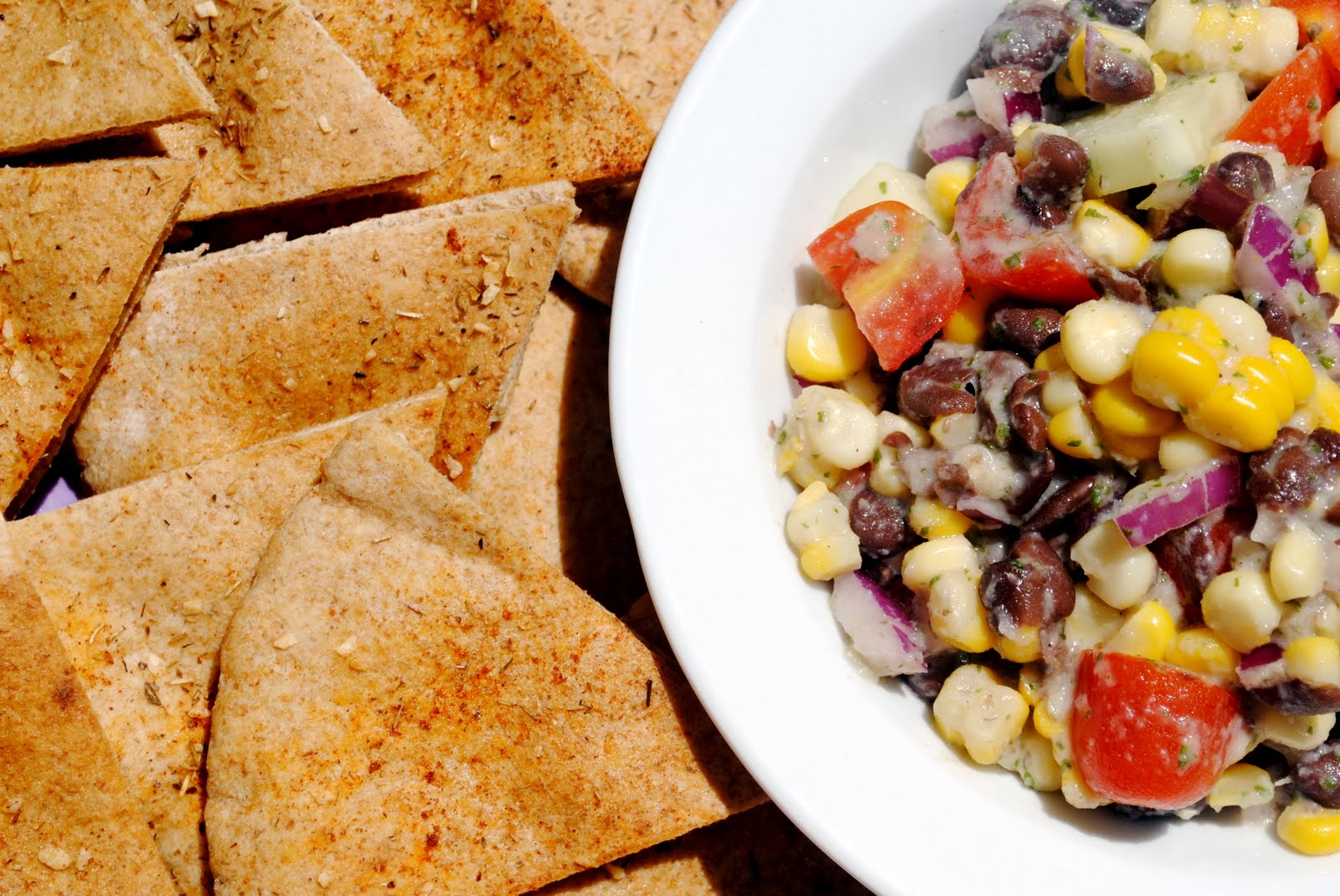 Cook. Eat. Enjoy. Repeat. Corn and Black Bean Salsa with Fiery Pita Chips