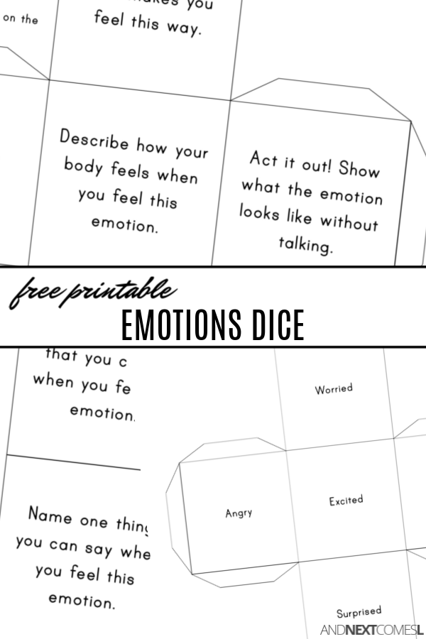 Free printable emotions dice game for kids