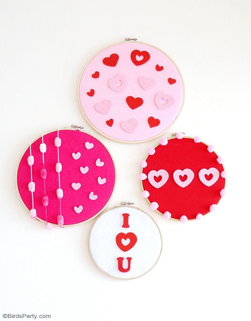 DIY No-Sew Embroidery Hoop Wall Art - an easy, quick & fun craft to make with the kids for valentine's day or bedroom or home decor! by BirdsParty.com @birdsparty #diy #kidscrafts #crafts #valentinesdaycrafts #embroideryhoopart #wallart #nosewcrafts