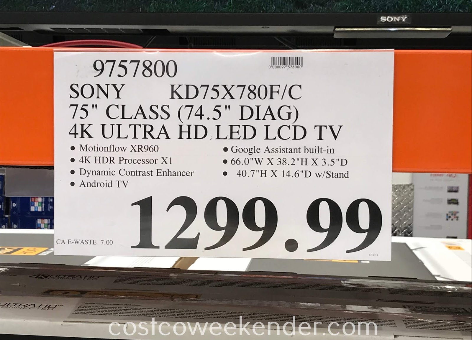Sony KD75X780F 75" 4k Ultra HD TV Costco Weekender
