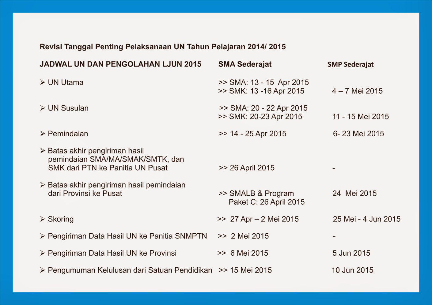 Jadwal UN SMA Jadwal UN SMA