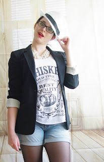 Cheeky Hat Girl - Denim Shorts, Whiskey Top, Long Blazer & Hut