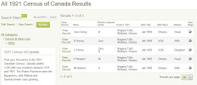Image of Ancestry search results using the street "24 1/2 Oak" and municipality "Niagara Falls"