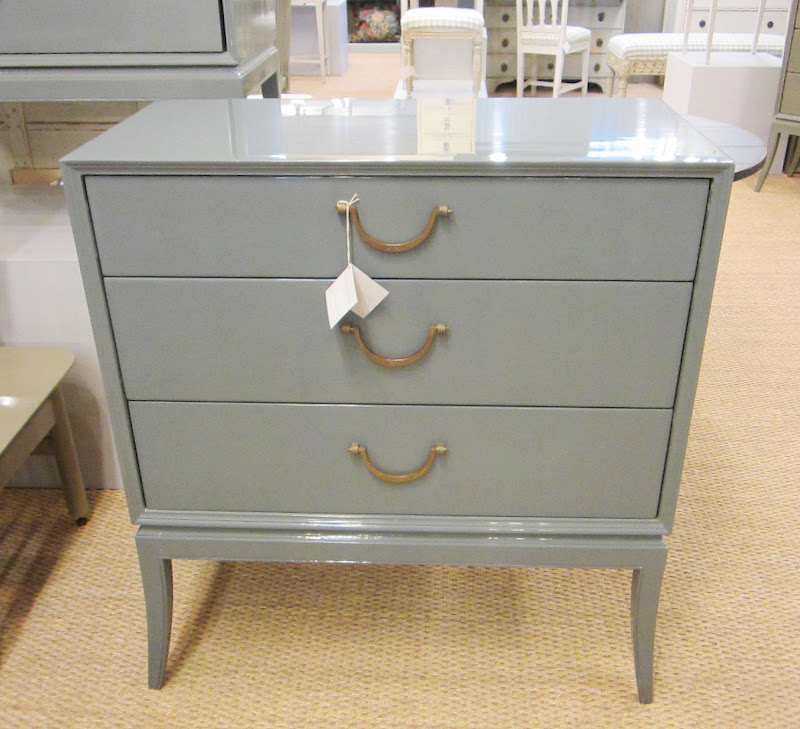 Blue grey dresser with three drawers and brass pulls at Chelsea Textiles in Atlanta