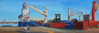 oil painting of  forklift,containers and cargo ship 'Southern Cross'  at the Hungry Mile, now Barangaroo by artist Jane Bennett
