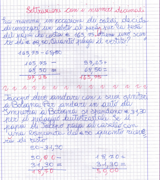 didattica matematica scuola primaria: Sottrazioni con i numeri decimali ...