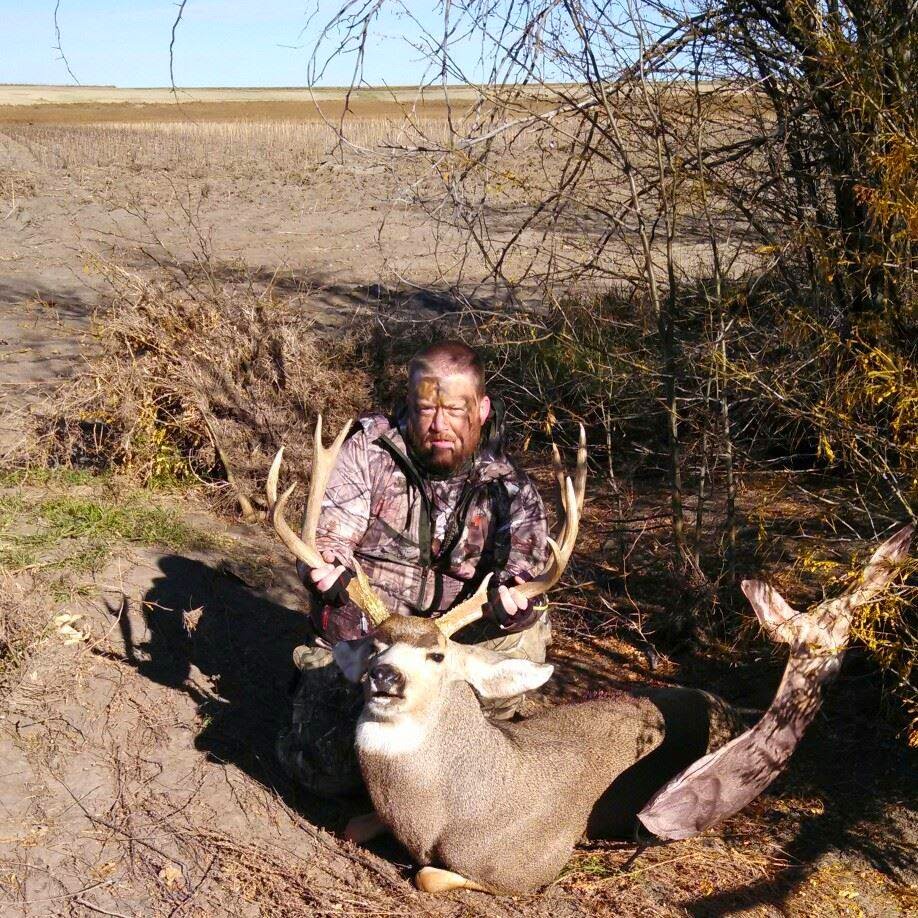 4 x 4 muledeer buck with a bow and decoy