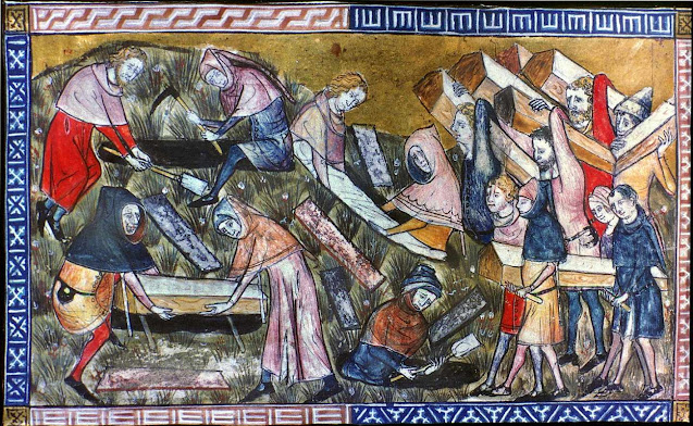 Похороны жертв чумы в Турне.  Миниатюра из рукописи «Хроники Гилля Майзета», 1349 год