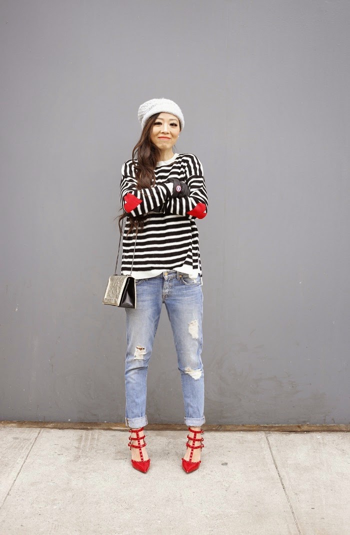 Asos stripe sweater with heart elbow patch, stripe sweater, elbow patch, river island beanie, canada goose gloves, baublebar 360 pearl studs, 7fam boyfriend jeans, valentino rockstuds heels, 31phillip lim shoulder bag, cute outfit ideas, fashion blog, NYFW