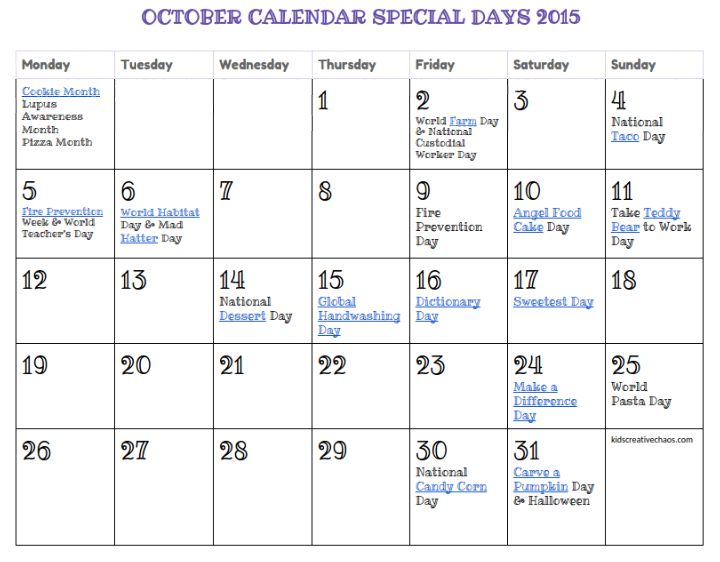 Kids Creative Chaos: October Calendar of Special Days and Unique ...
