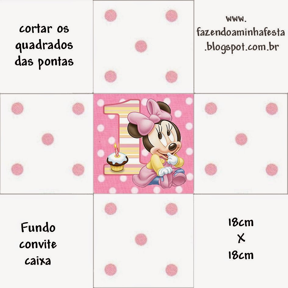 Minnie Primer Año con Lunares: Cajas para Imprimir Gratis. Este modelo es para hacer la invitación - cajita.