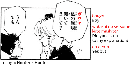 bouya, watashi no setsumei kiite mashite, un demo. Boy, did you listen to my explanation; Yes but. The word bouya 坊や used in the manga Hunter x Hunter