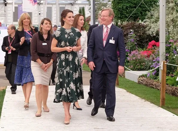 Kate Middleton wore Rochas Floral Printed Silk Crepe de Chine Dress, L.K. Bennett Fern pumps and Monica Vinader Siren Wire Earrings