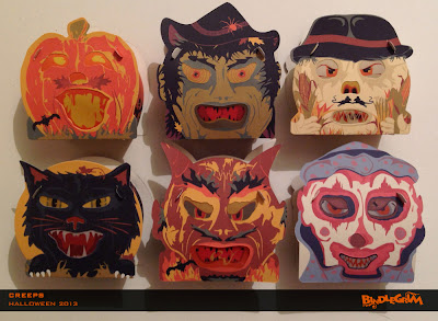 Front view of the 6 smaller Halloween characters of these vintage style slot-and-tabl paper boxes both candy containers and lanterns with vellum eyes & mouths
