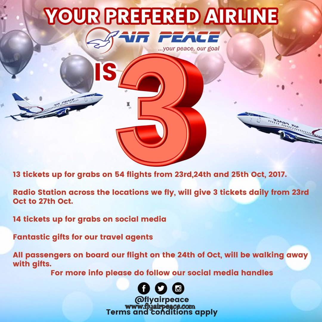 Air Peace is celebrating its 3rd Anniversary by giving away 1000 free