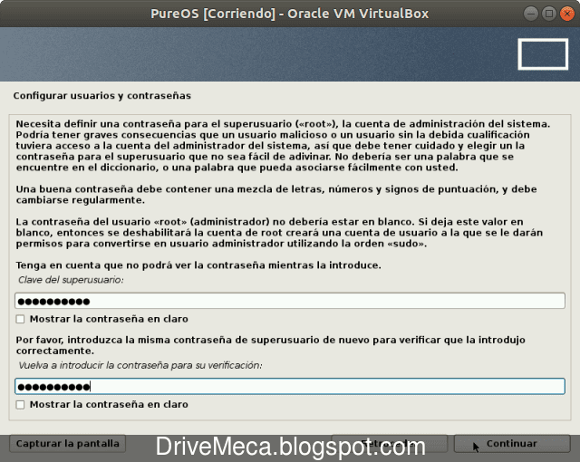 Escribimos una contraseña para nuestra cuenta root en Linux PureOS Escribimos una contraseña para nuestra cuenta root en Linux PureOS